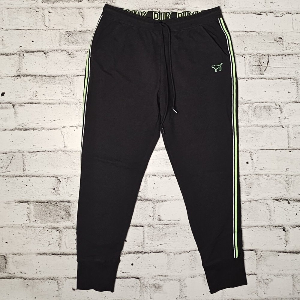 Victoria’s Secret PINK Black Joggers Green Stripe Y2K Athleisure - Size M